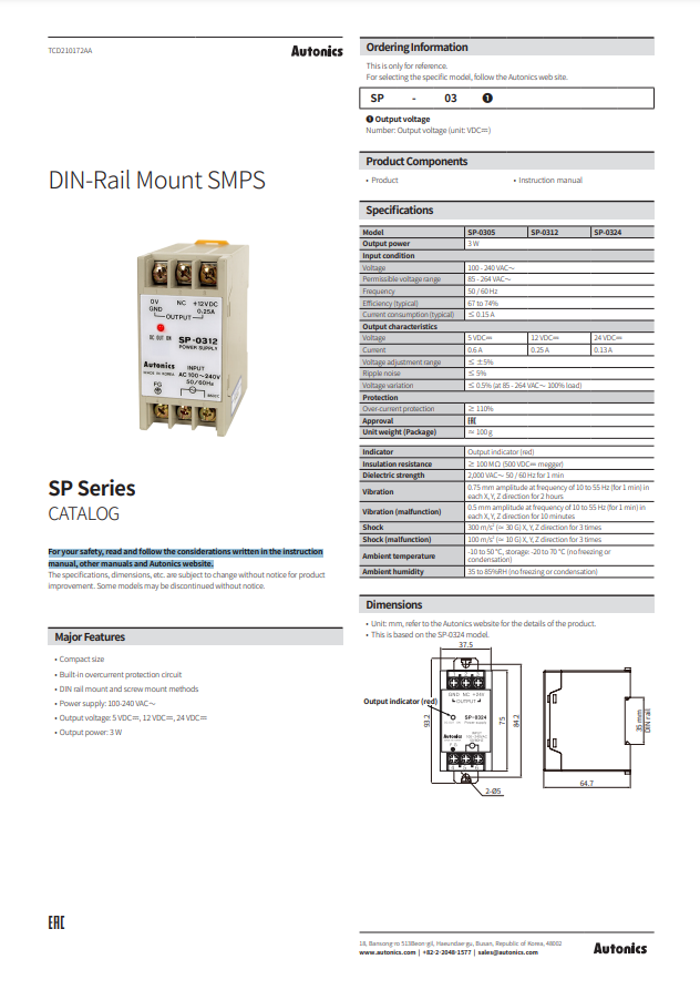 AUTONICS SP CATALOG SP SERIES: DIN-RAIL MOUNT SMPS